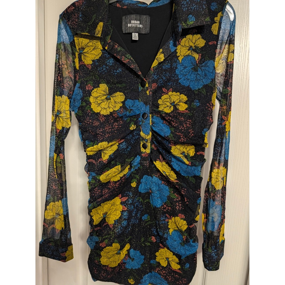 Urban Outfitters Glitter Mesh Ruched Floral Mini Dress Blue Yellow Large - Picture 5 of 6